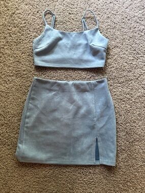 Light Blue Mini Skirt with Front Slit and matching top (small)